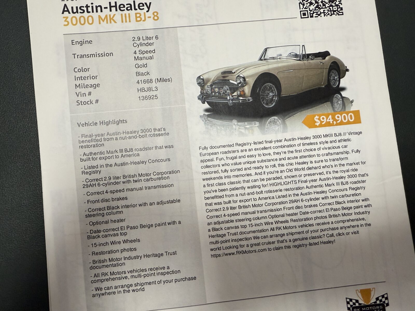 Austin Healey 3000 MK3 BJ8 Année 1967 voiture de collection à vendre